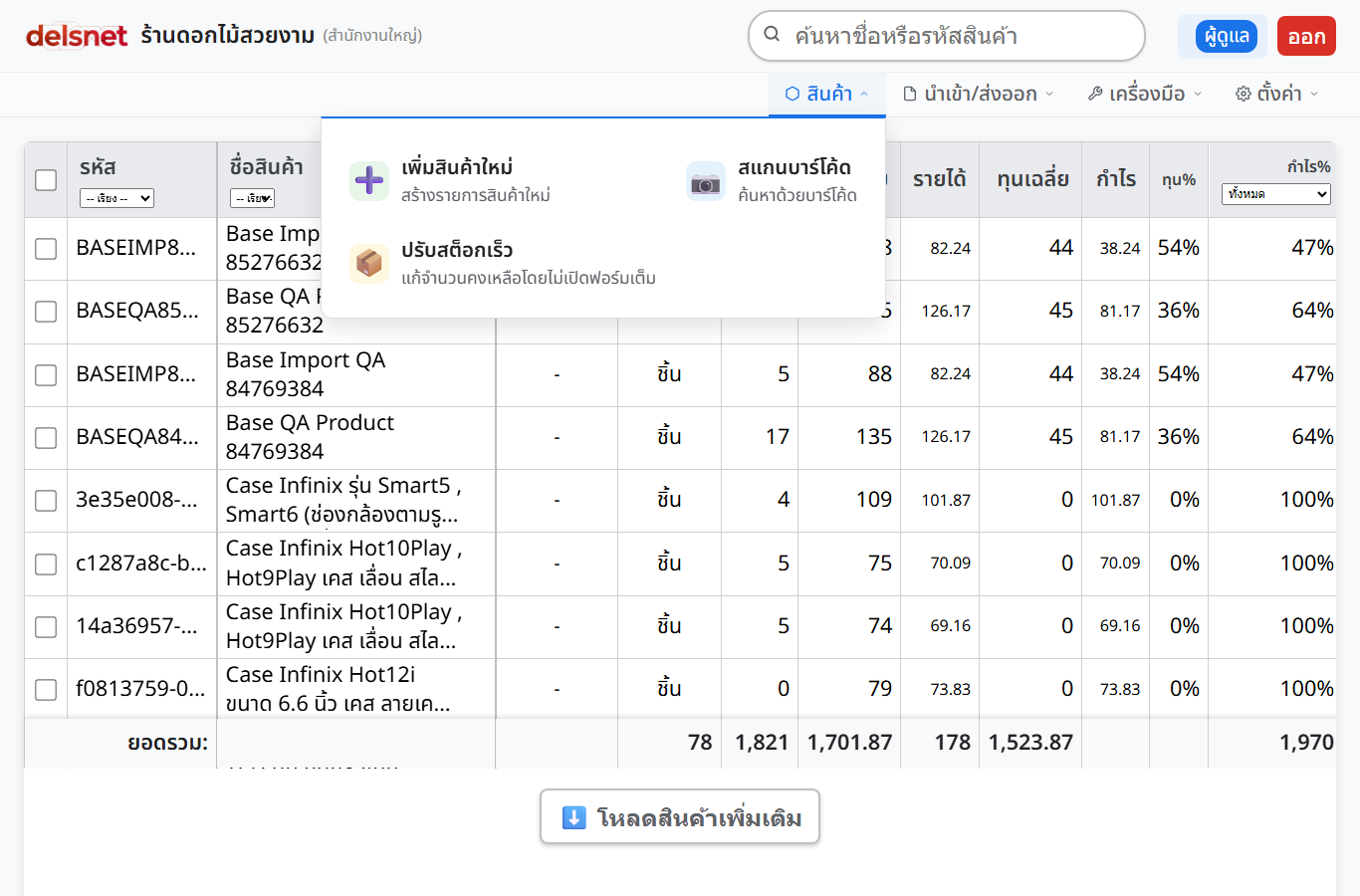 เมนูสินค้าในหน้า Base ของ Delsnet POS