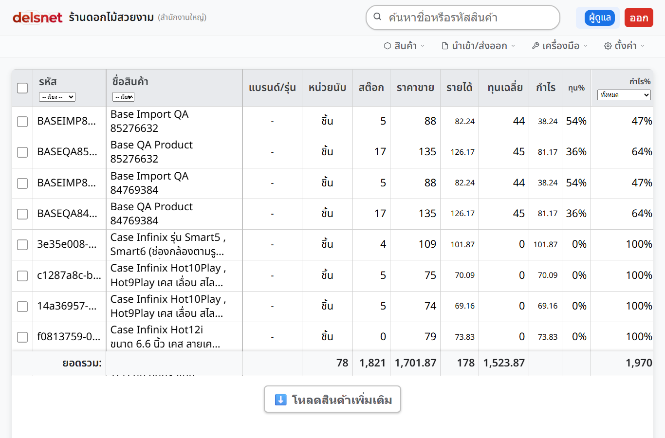 แถวสรุปยอดท้ายตารางสินค้าในหน้า Base ของ Delsnet POS