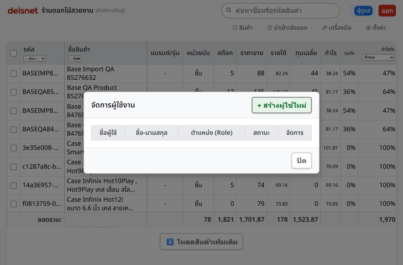 หน้าต่างจัดการผู้ใช้งานในหน้า Base ของ Delsnet POS